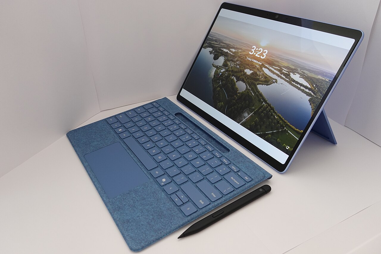 A laptop computer open and ready to work