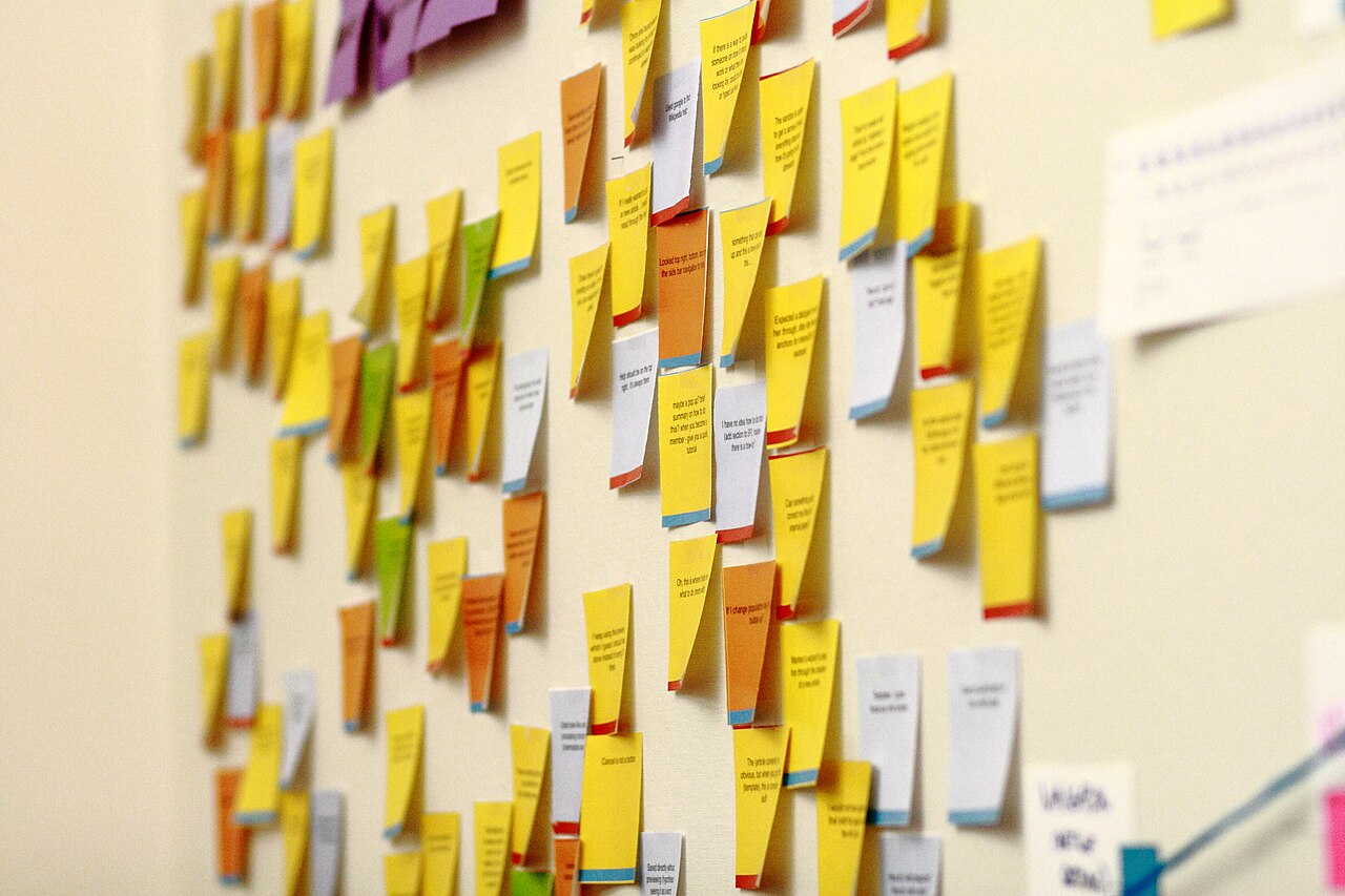 Many small sticky notes arranged on a wall, breaking a big picture into pieces
